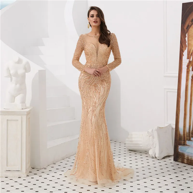 Robe De Soiree роскошное блестящее вечернее платье с длинными рукавами, много кристаллов, бисероплетение, Серебряное платье для выпускного вечера, вечернее платье