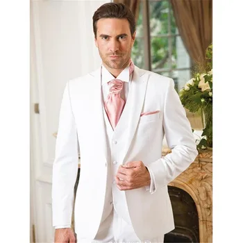 

White Wedding Suits For Men Ivory Mens Suits Peaked Lapel Grooms Tuxedos Three Piece Groomsmen Suits (Jacket+Pants+Vest)