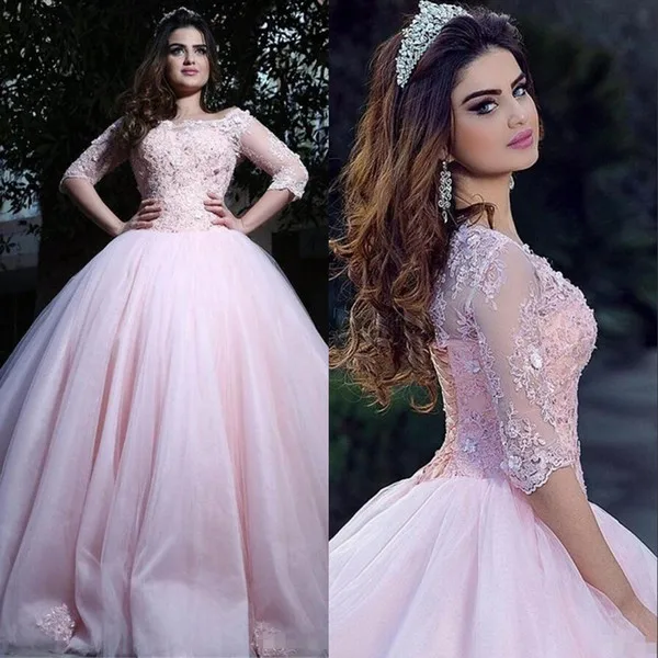 

Modest Pink Ball Gown Quinceanera Dresses 3/4 Long Sleeves Saudi Arabic Tulle Corset Sweet 16 Dresses Prom vestidos de 15 anos