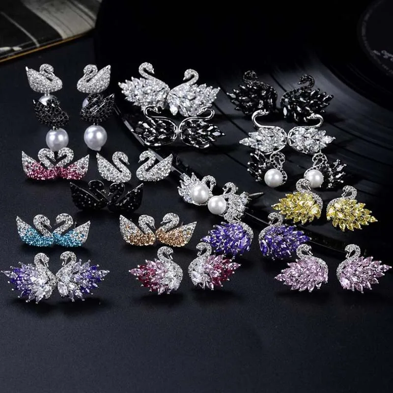 

New Design Crystal Swan Earring White / Black Gold Color Cubic Zirconia Stone Crystal Earrings For Women Fashion Jewelry