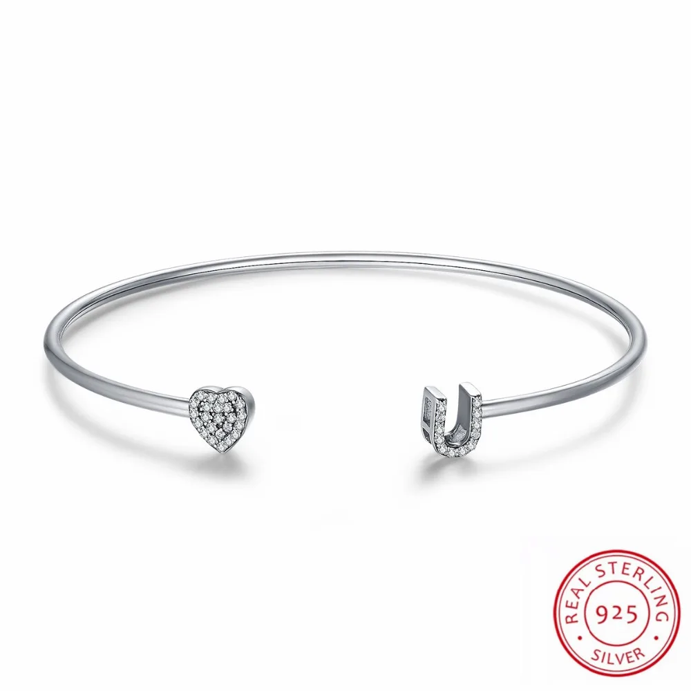 

Love You Heart & U Open Bangles Genuine 925 Sterling Silver Wedding Bangle With Bright CZ Luxury For Women Wedding Jewelry Gift