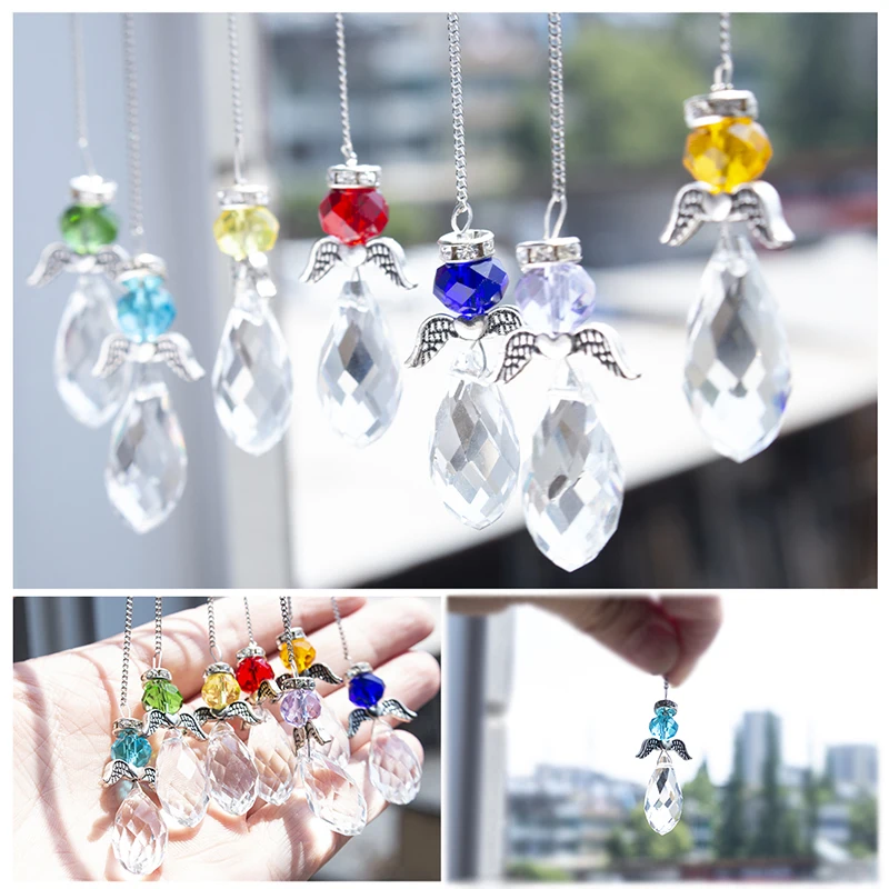 H&D Set of 7,Hanging Crystal Guardian Angel Stained Glass Suncatcher Rainbow Maker Window Curtains Ornament Xmas Gift Home Decor