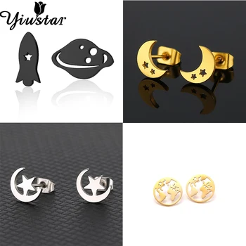 

Yiustar New Classic Korean Cute Universe Planet Earth Rocket Moon Star Stud Earrings for Women Kids Asymmetry Earing Brincos