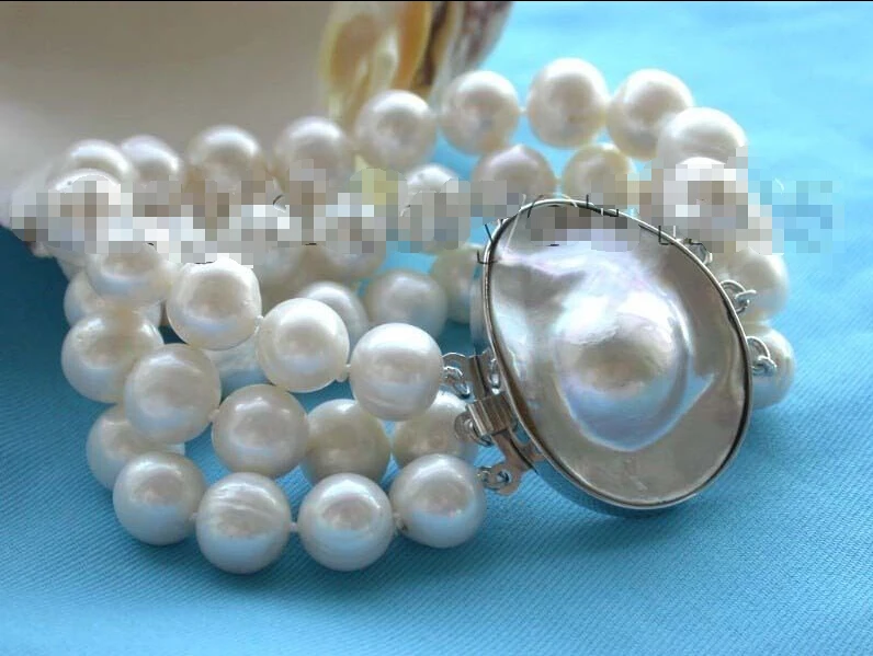 

Free shipping >>>>>>3rows 8" Genuine Natural 12mm Rould white Pearl Bracelet mabe clasp!