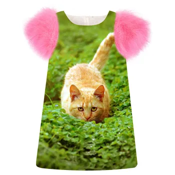 

nice nice Girls Dress Beige cat print fashion Birthday party winter autumn faux fur sleeve Toddler Kids baby Children Clothing