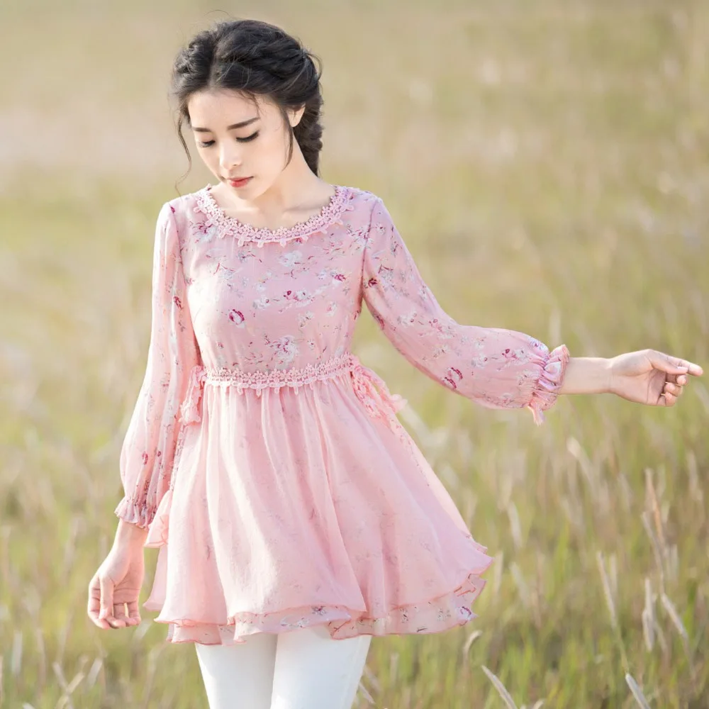 Lychee Girls Bow Collar Women Sweet Blouses Long Puff