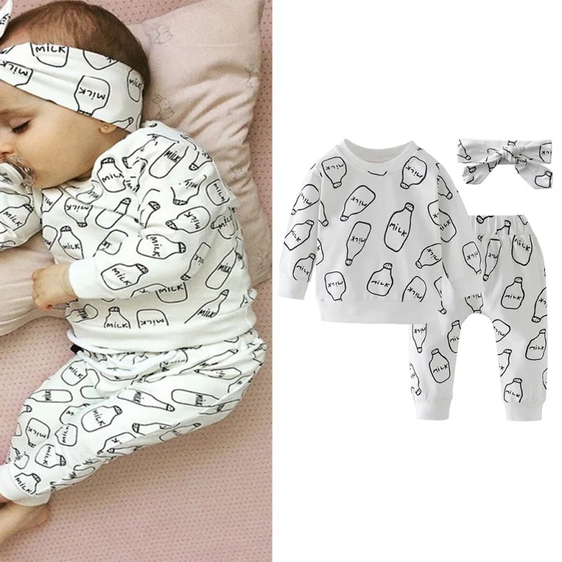 

Baby Girls Boys Milk Bottle Printed Clothing Suit Cotton Infant Long Sleeve T-shirt Tops+Trousers+Headband Children Clothes Sets