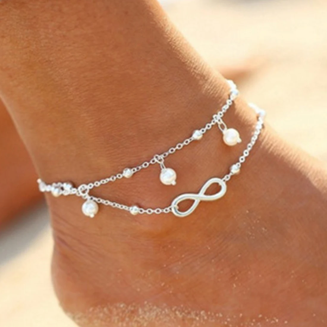 

New Temperament Double Layer Unlimited Symbol Metal Anklet Casual Wild Lady Fairy Anklet Small Fresh Fashion Small Pearl Anklet