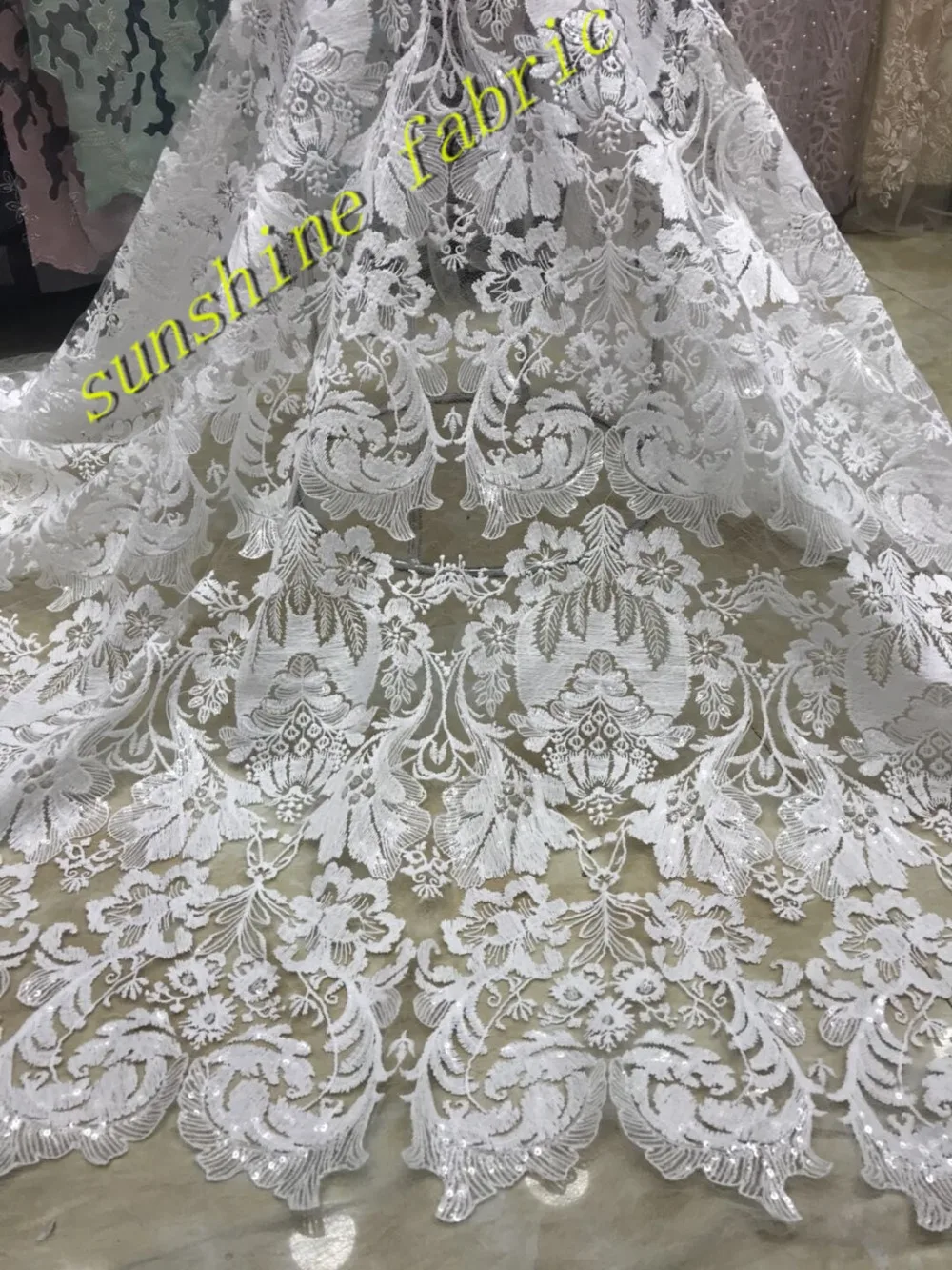 

Bridal French Lace Fabric High Quality ZH18030943 African Tulle Embroidered with sequins