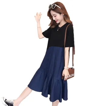 

Jeans Patchwork Cotton Plus Size Summer Dress Women 2019 Fashion Short Sleeve Casual Denim Dress O-neck Loose Waist Vestido f326