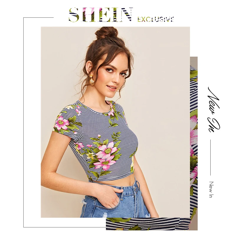 SHEIN многоцветная полосатая и цветочная тонкая облегающая укороченная Футболка Топ Женская летняя кепка рукав круглый вырез сексуальные топы футболки