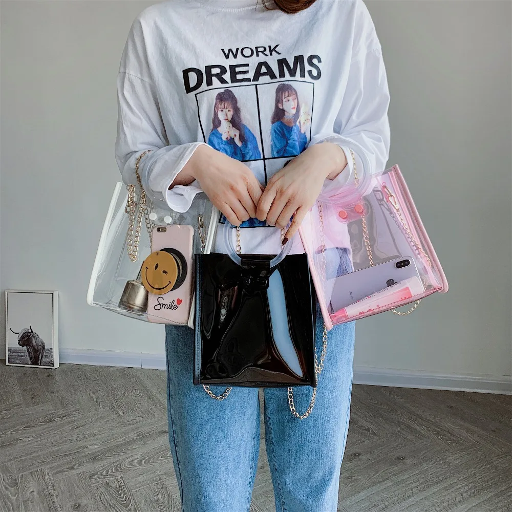 

2019 fashion bucket bag ladies plastic transparent pink handbags handbags composite chain shoulder messenger bag