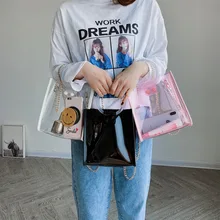 2019 fashion bucket bag ladies plastic transparent pink handbags handbags composite chain shoulder messenger bag ins fashion women chains shoulder bag clear totes round handle drawstring bucket bag female handbags transparent composite bag