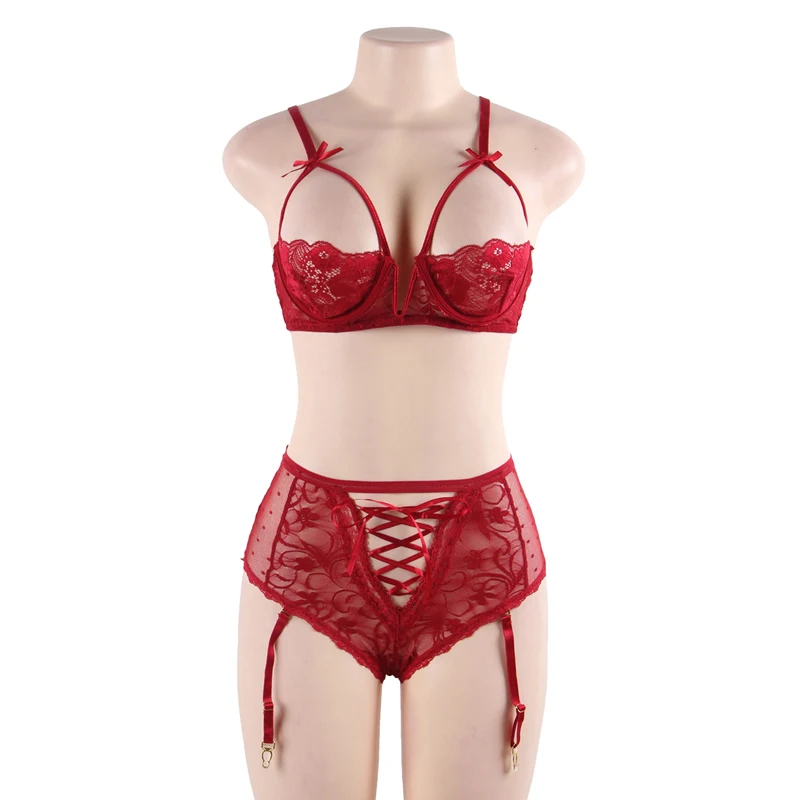 Transparent Sexy Lingerie Set Lace Garter Belt Panties Sexy Bra Set Bra Open Cup Plus Size Lingerie Sexy Hot Erotic Underwear
