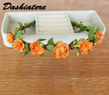 

6pcs Girl Flower Wreath Hair Hoop Band with Flowers Woman Green Leaf Headband Orange Mini Rose Alice Hairband Kid Head Accessory