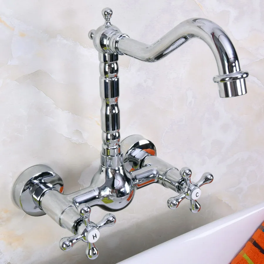 Polished Chrome Brass Wall Mounted Double Cross Handles Bathroom Kitchen Sink Faucet Mixer Tap Swivel Spout anf970