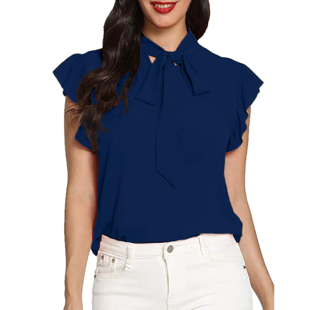 Женская футболка, Camiseta Mujer, Повседневная футболка с коротким рукавом и галстуком-бабочкой, однотонная шифоновая футболка, Топы, Chemise Femme, женская футболка