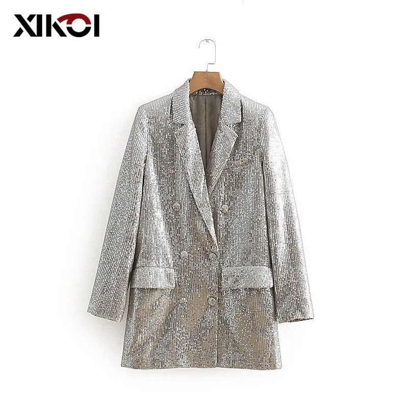 XIKOI Винтажный серебряный Блейзер, карманы, зубчатый воротник, пальто с длинным рукавом, пальто, верхняя одежда, Женский Ретро стиль, свободный, casaco feminines