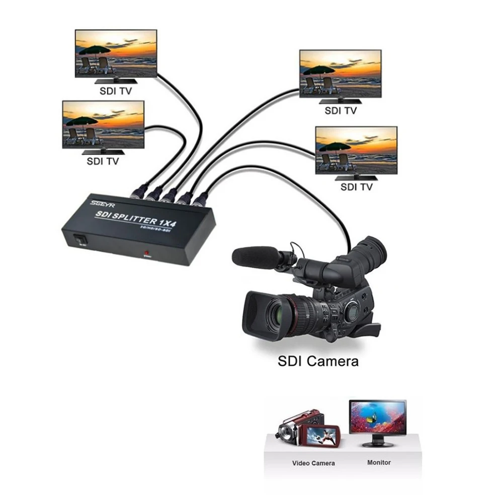 4 Port SDI Splitter 1 Input 4 Output with AUX 3.5mm BNC Video Splitter Box for Video Monitoring System Resolution up to 1080p