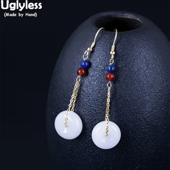 

Uglyless 100% Real 925 Sterling Silver Ethnic Beading Earrings for Women Jade Button Earrings Lapis Agate Balls Fine Jewelry