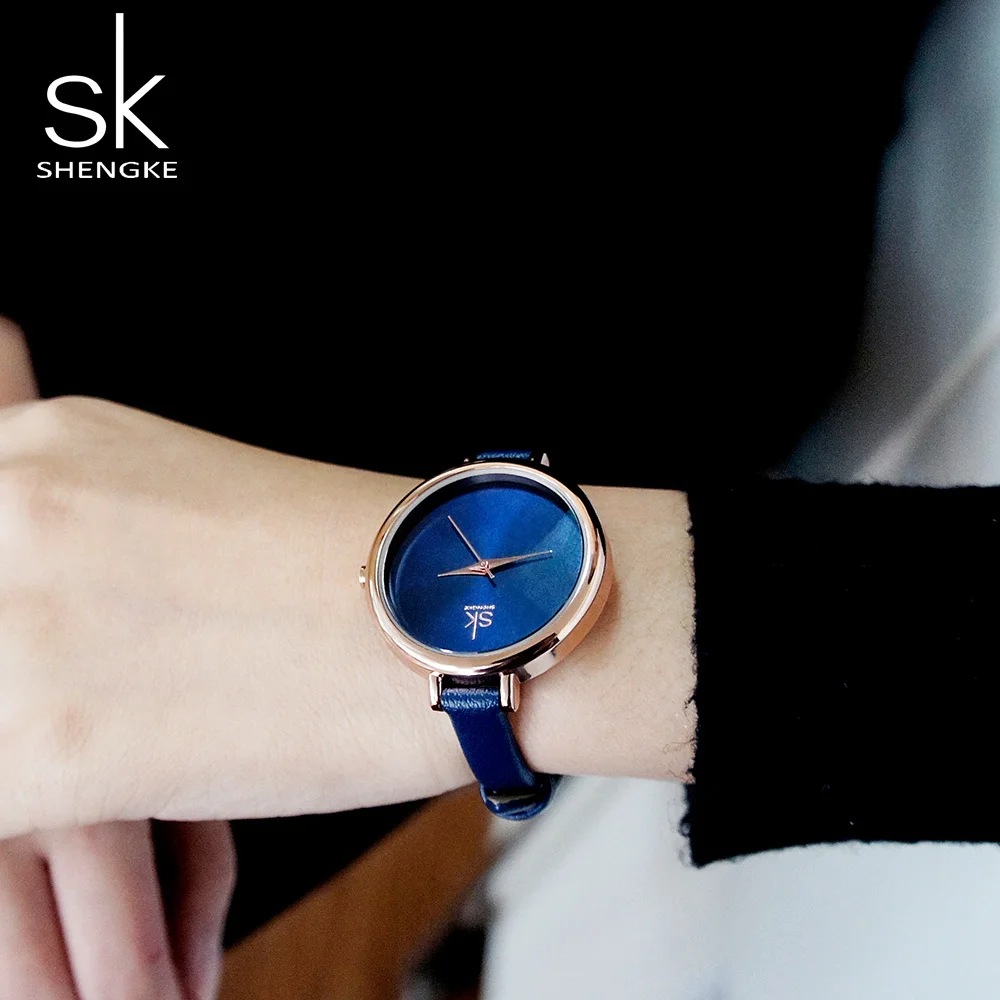 Женские кварцевые часы Shengke синего цвета с кожаным ремешком 2019|sk fashion|sk 2sk watch |