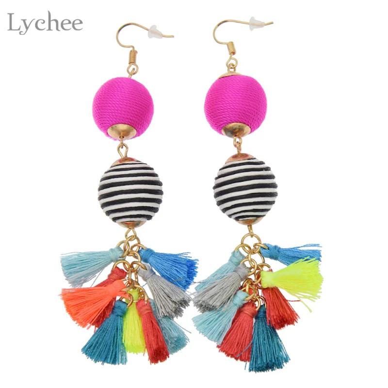 Lychee Bohemian Style Texture Pops Tassel Drop Earrings Metal Balls