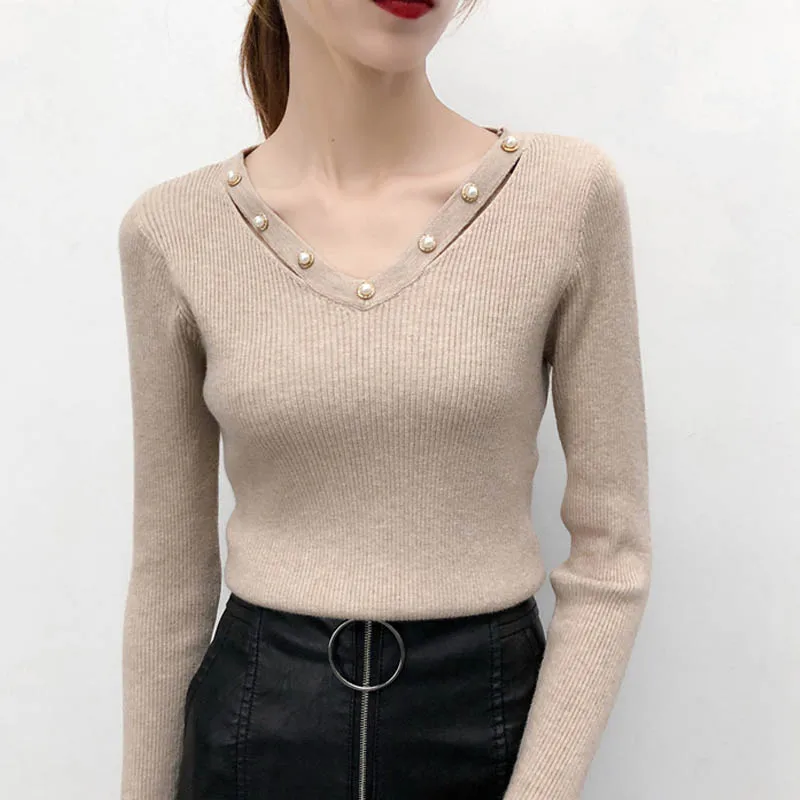 

NORMOV 2019 Korean Womens Sweater Sexy Beading Slim Bottoming Sweater Winter Solid Multicolor Warm Knitted Pullovers Sweaters
