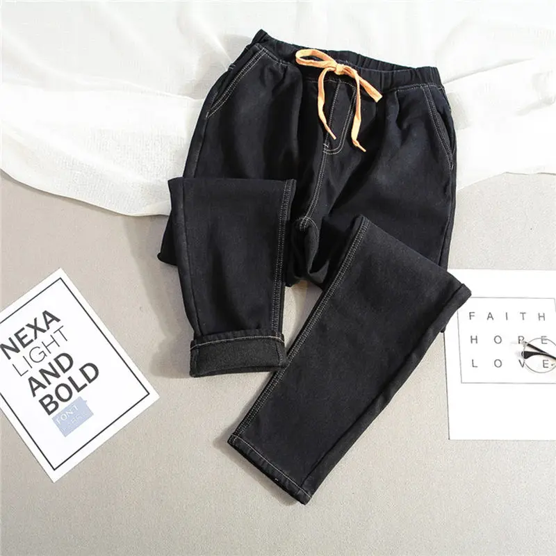 Plus Size 5XL Winter Plus Velvet Warm Jeans Woman Drawstring High Waist Jeans Denim Long Pants Vintage Women Harem Jeans C3866