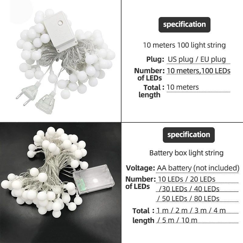 1/2/3/4/5/10 м 10-100 светодиоды шар строка светильник Романтический сказочные бальные костюмы светильник штепсельной вилки/Батарея приведенный в действие праздничный светильник для дома, Свадебный декор