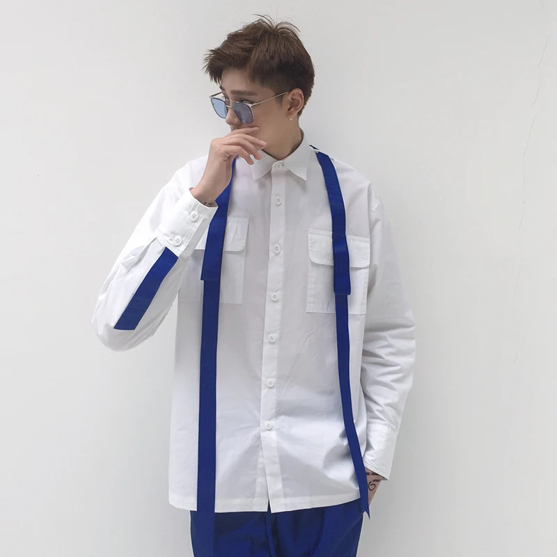 

S-6XL 2023 New Men Clothing Bigbang Hair Stylist Fashion Street Slim Threaded Ribbon Stitching Shirt Plus Size Singer Costumes