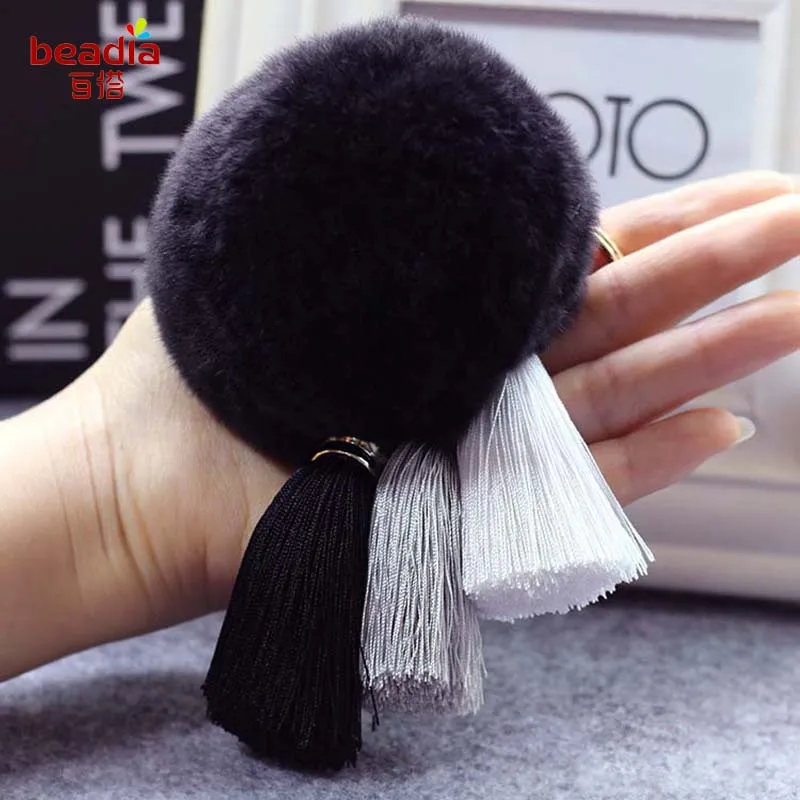 

12 colors 1pc/bag Bohemia Style Colored beaded Pendant Cute Pompom Artificial Rabbit Fur Key chain for Women Car Key Ring