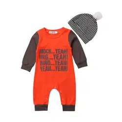 2019 для новорожденных маленьких мальчиков и девочек с длинным рукавом Письмо комбинезон-ромпер комбинезон шляпа одежда с капюшоном наряды