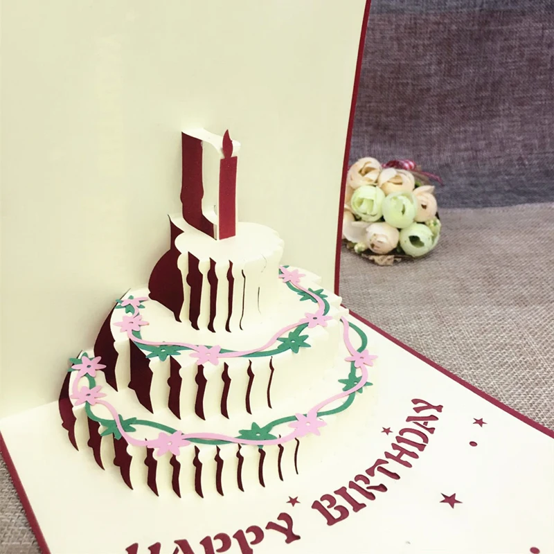 1pcs Sample Happy Birthday Postcard Greeting Gift Cards Kraft Kirigami 3D Handmade Pop Up Laser Cut Vintage Cake with Envelope (8)