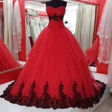 Sweetheart Red and Black Applique Ball Gown Lace Wedding Dress 2017 Princess Tulle Bridal Vestido Custom Made Draped Real Image