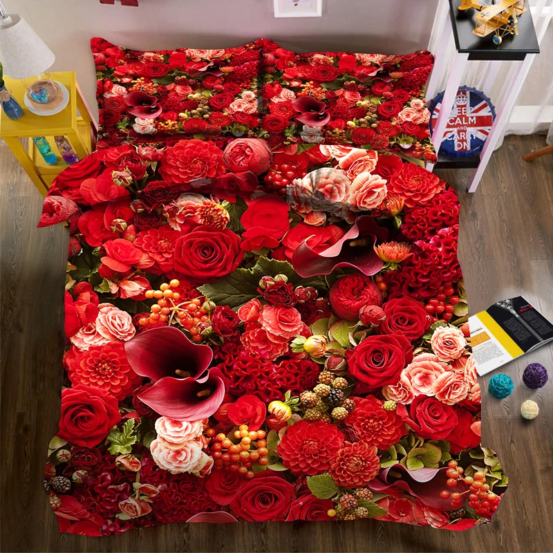 

Full screen of red flowers in bloom illustration two 3d effect photo bed linen can be customized photo pattern