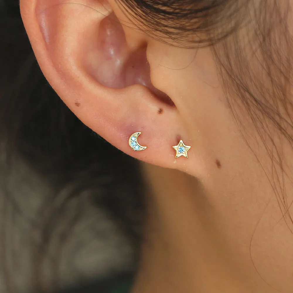 

925 sterling silver minimal 4-5mm mini tiny cute earring stacking cz moon star stud multiple piece girl women delicate jewelry