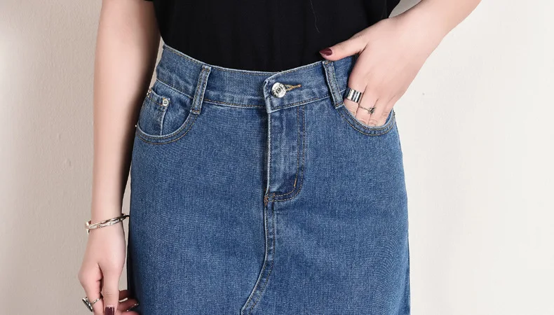 Women Plus Size Front Split Office Lady Straight Denim Skirts 7Xl 8Xl Spring Summer Mid Long Jeans Skirts Mid-Calf Mom Jeans