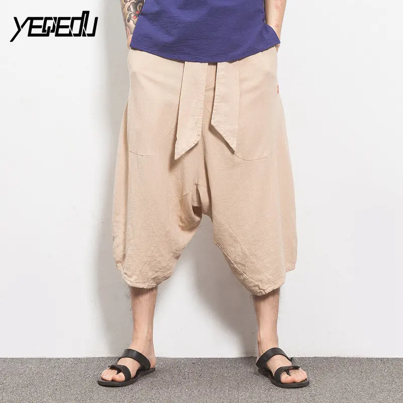 #4341 Khaki/Black linen pants men Vintage Elastic waist