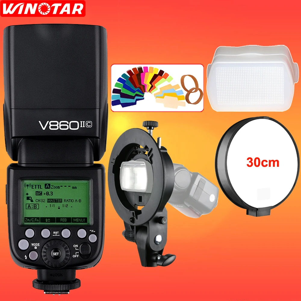 

Godox V860II-C 2.4G Wireless HSS 1/8000s E-TTL II Li-ion Battery Camera Flash Speedlite + Bowens Bracket for Canon DSLR Cameras