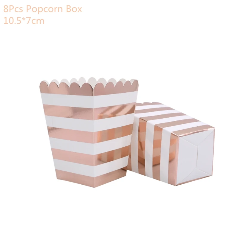 Розовое золото вечерние одноразовые столовые приборы набор вечерние бумажные стаканчики тарелки и соломки вечерние украшения стола свадебные принадлежности для дня рождения - Цвет: 8pcs popcorn box