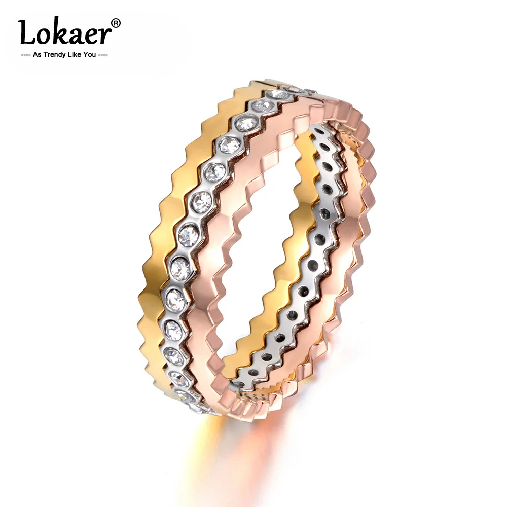 

Lokaer Original Design Romantic 3 In 1 Engagement Rings For Lovers Titanium Steel 3 Gold CZ Crystal Wedding Ring Jewlery R17144