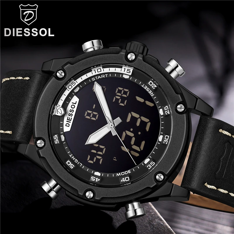 

DIESSOL Mens Watches Top Brand Luxury Leather Quartz LED Digital Watch Men Casual Waterproof Sport Wrist Watch Relogio Masculino