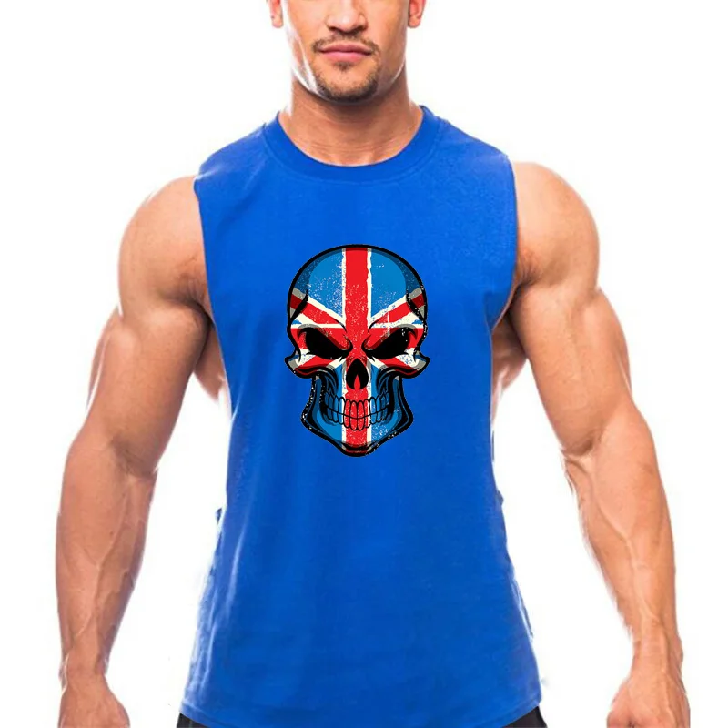 New Brand Men's UK Skulls Tank Tops Fitness Bodybuiding Clothing Low Cut Side Arm Holes Cotton