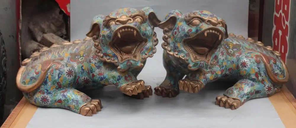 

20" Cloisonne Eamel Gilt Guardian Phylactery Fly Dragon Beast Pixiu Unicorn Pair
