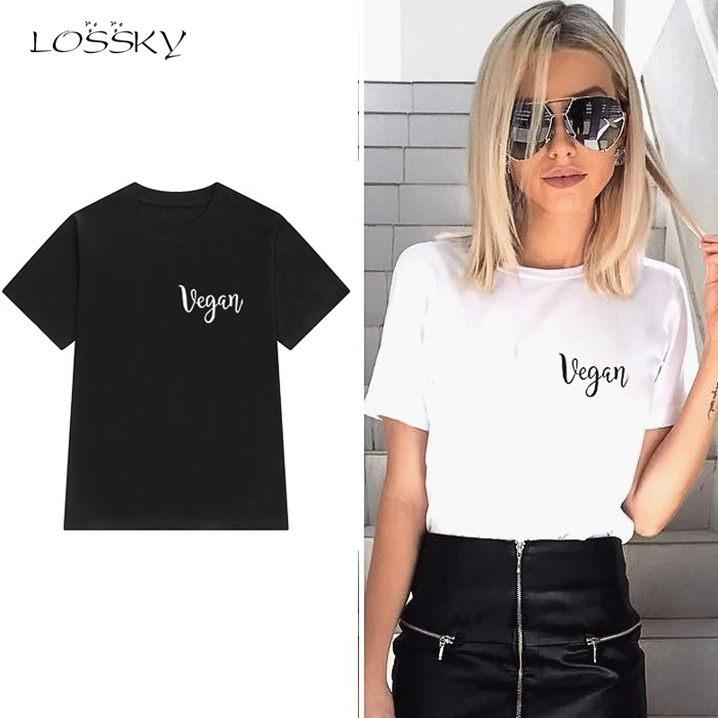 

LOSSKY Summer Tshirts Tops Women Vegan Letter Printed O Neck Short-sleeved Tee Shirts Plus Size 3XL Casual Slim Streetwear 2019