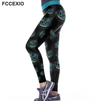 

FCCEXIO 2019 New Women's Workout Leggings Cheshire Cat Print 3d Legins High Elastic Waist Slim Fitness Plus Size Leggings