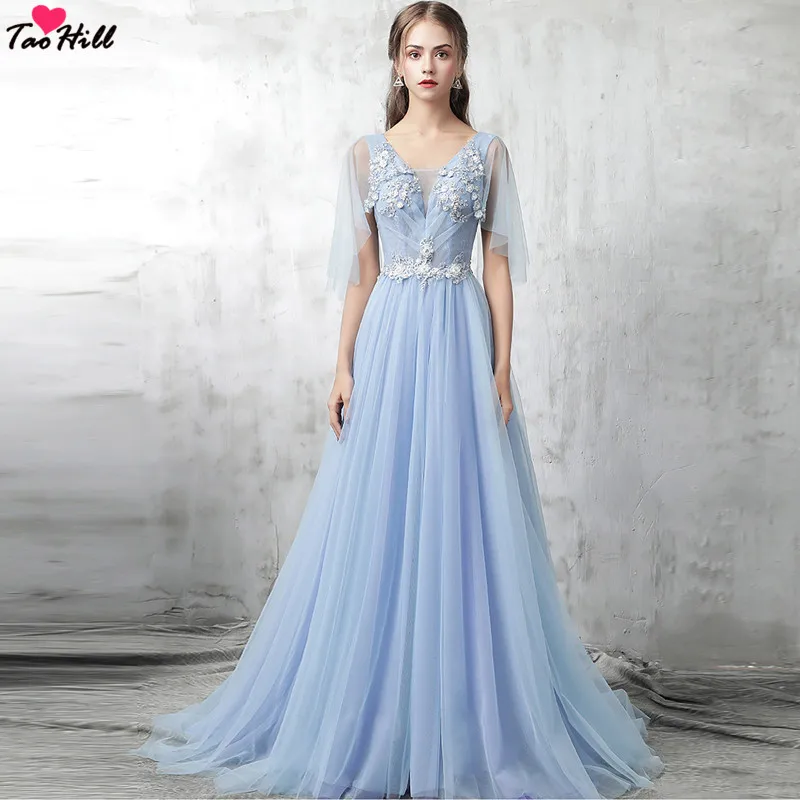 

TaoHill Cheap Long Evening Dress Tulle A-line V-neck Handmade Flowers Sky Blue Evening Dress Elegant Women 2019