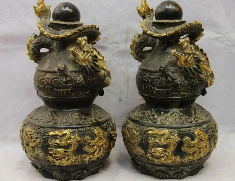 

China Bronze Copper Feng Shui Dragon Play Bead bottle Gourd Pot Vase Statue Pair