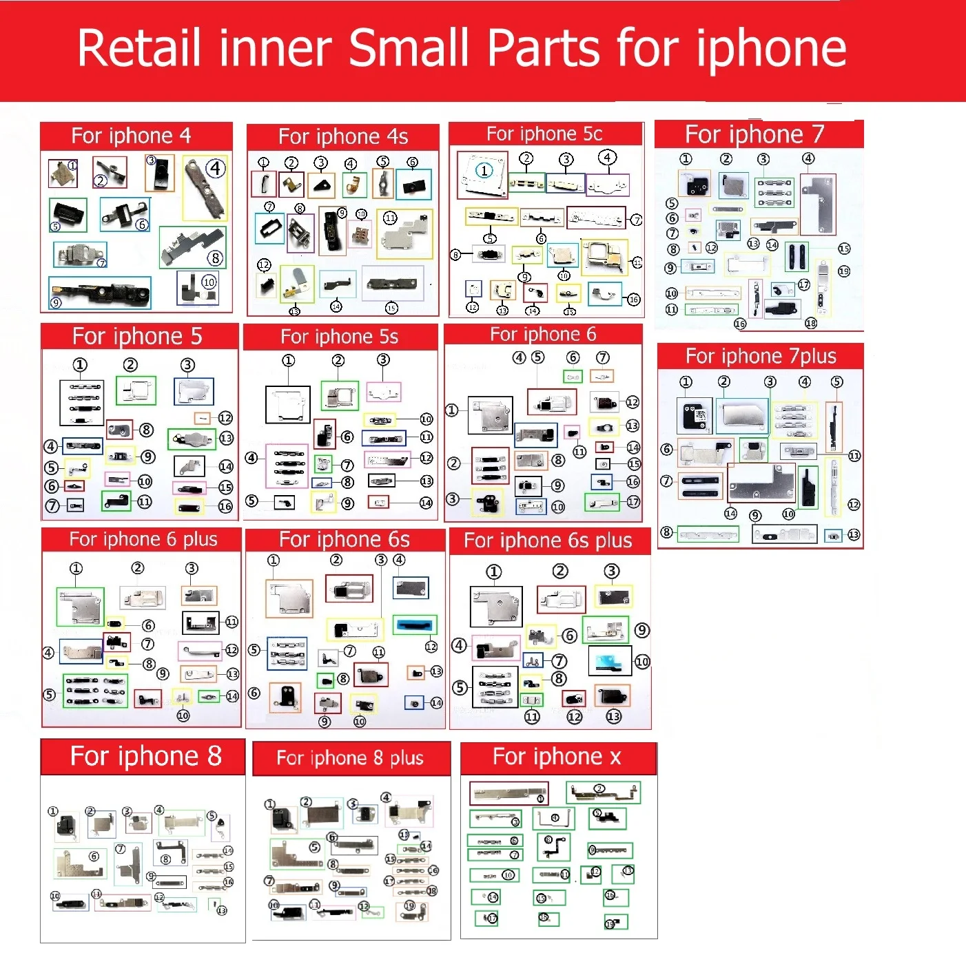 Розничная, внутренние маленькие металлические железные детали для iPhone 4, 4S, 5, 5c, 5S, 6, 6 S, 7, 8 Plus, X, маленький держатель, кронштейн, защитная пластина, набор деталей