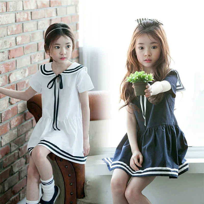 Preppy Girls Clothes Teen Dresses Summer Spring 2022 New Little Big Girl Sailor Collar A-line Dress For Kids White Blue | Детская одежда